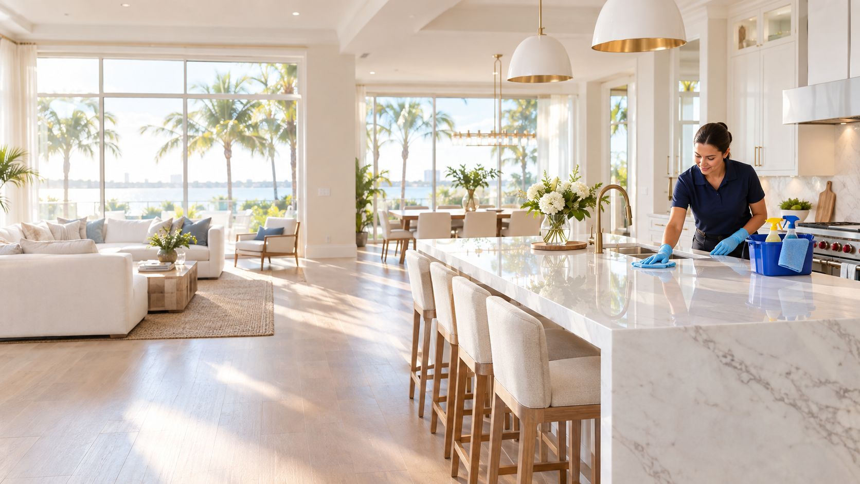 Professional cleaner wiping down a marble kitchen island in a bright, beautiful Florida home