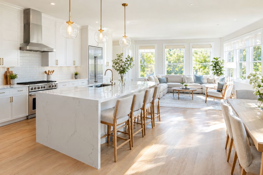 Bright, freshly cleaned modern kitchen and living room